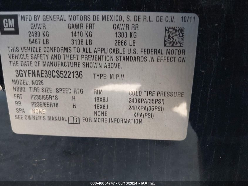 2012 Cadillac Srx Luxury Collection VIN: 3GYFNAE39CS522136 Lot: 40054747