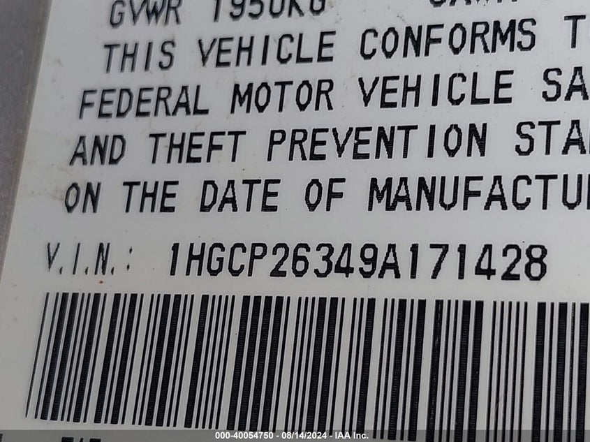 2009 Honda Accord 2.4 Lx VIN: 1HGCP26349A171428 Lot: 40054750