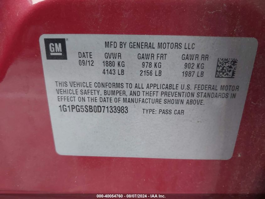 2013 Chevrolet Cruze Ltz VIN: 1G1PG5SB0D7133983 Lot: 40054760