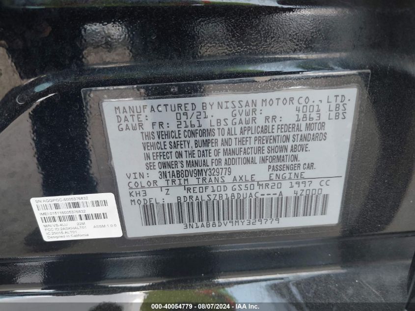 2021 Nissan Sentra Sr Xtronic Cvt VIN: 3N1AB8DV9MY329779 Lot: 40054779