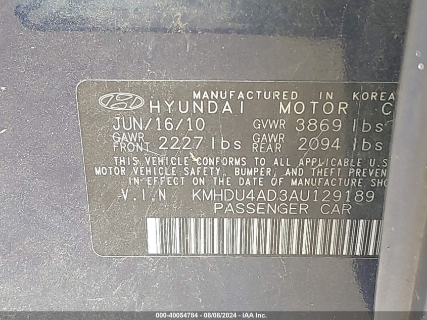 2010 Hyundai Elantra Gls VIN: KMHDU4AD3AU129189 Lot: 40054784