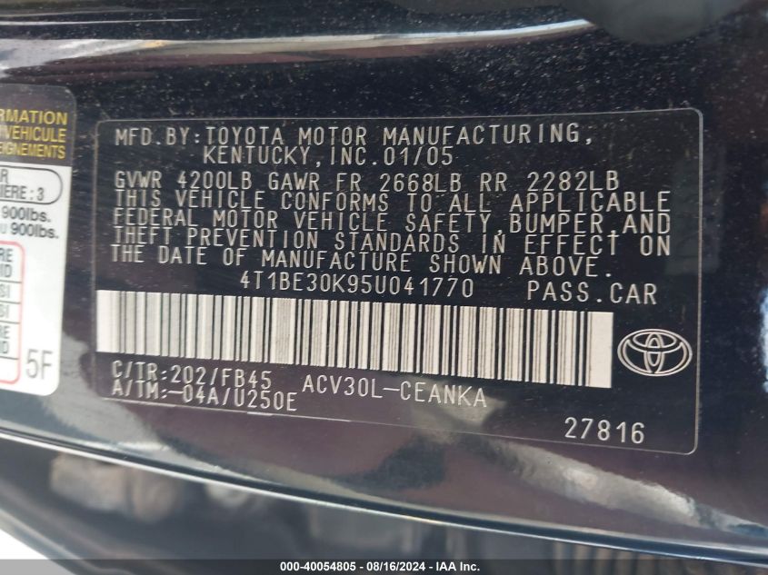 2005 Toyota Camry Le/Se/Xle VIN: 4T1BE30K95U041770 Lot: 40054805