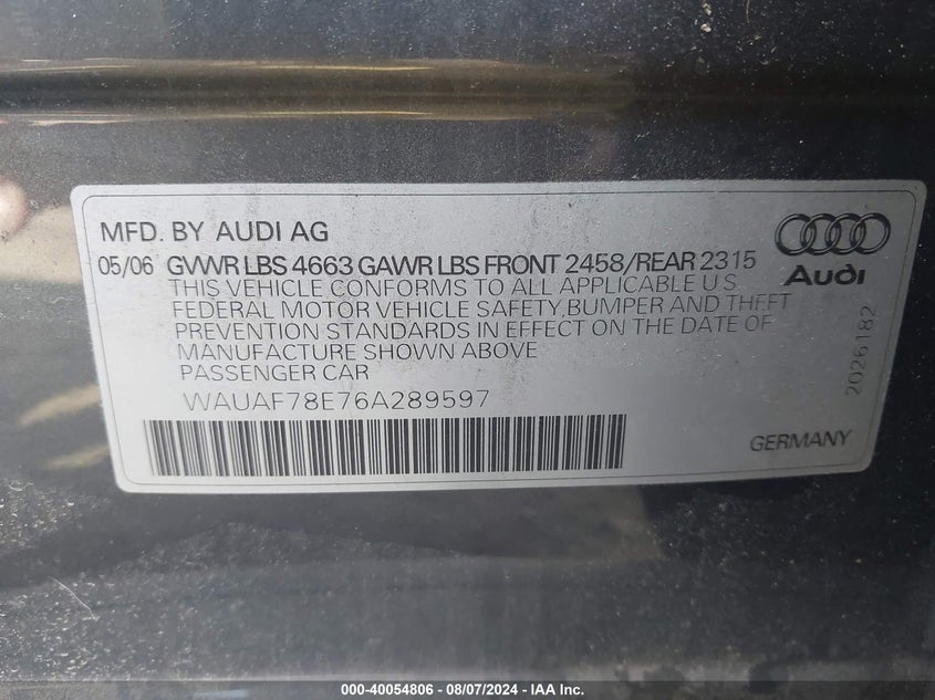 2006 Audi A4 2.0T VIN: WAUAF78E76A289597 Lot: 40054806