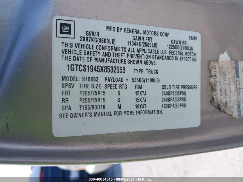 1999 GMC Sonoma VIN: 1GTCS1945X8532553 Lot: 40054813