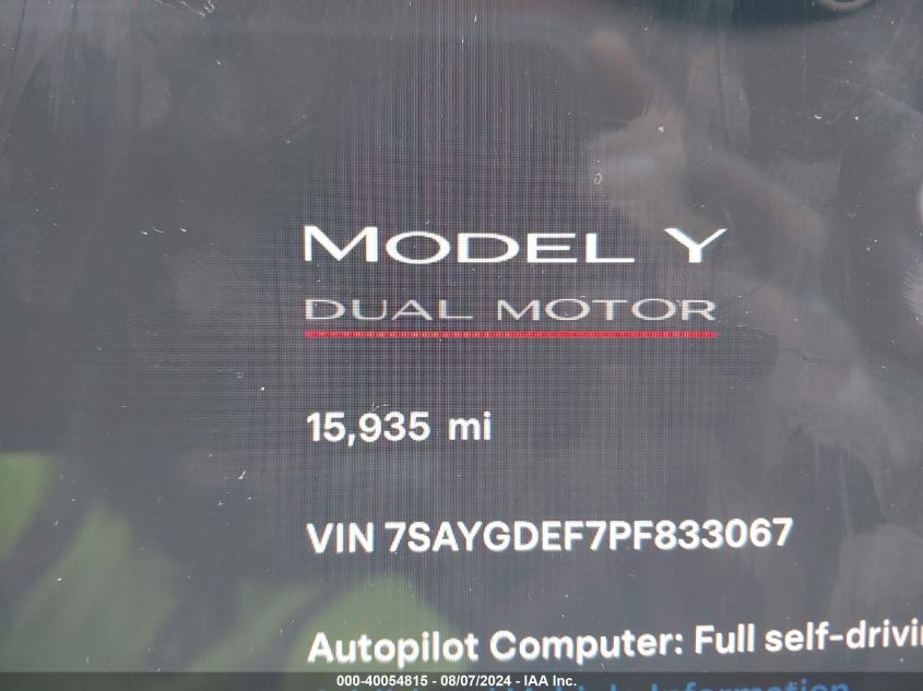 2023 Tesla Model Y Awd/Performance Dual Motor All-Wheel Drive VIN: 7SAYGDEF7PF833067 Lot: 40054815