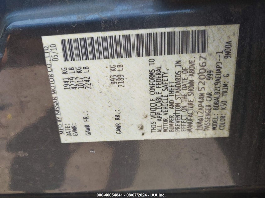 2010 Nissan Altima 2.5 S VIN: 1N4AL2AP4AN520067 Lot: 40054841