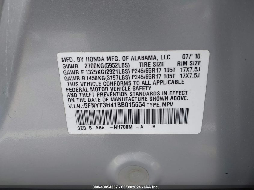 2011 Honda Pilot Ex VIN: 5FNYF3H41BB015654 Lot: 40054857