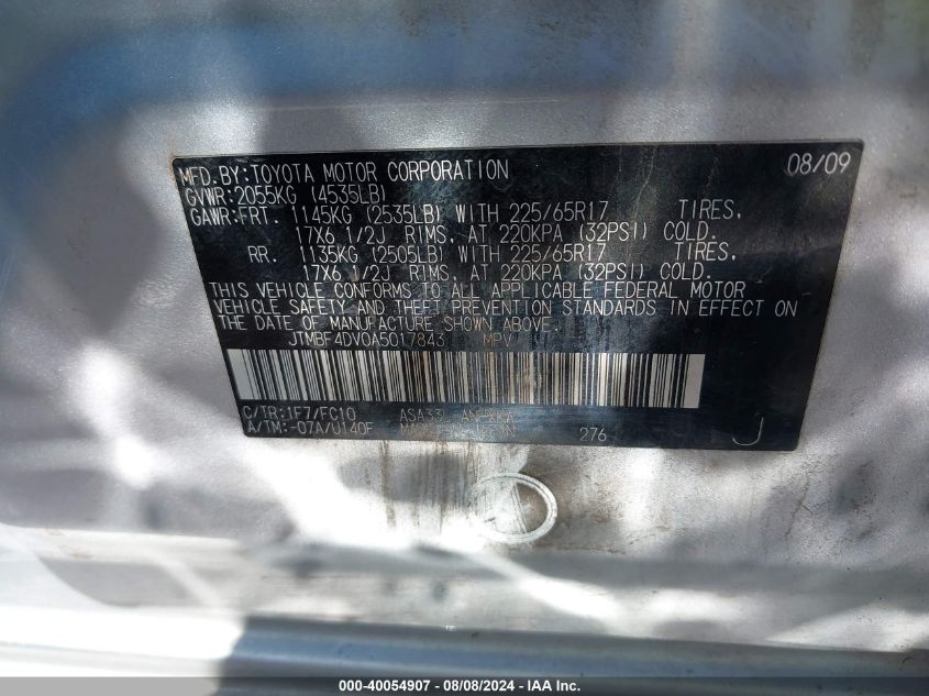 2010 Toyota Rav4 VIN: JTMBF4DV0A5017843 Lot: 40054907