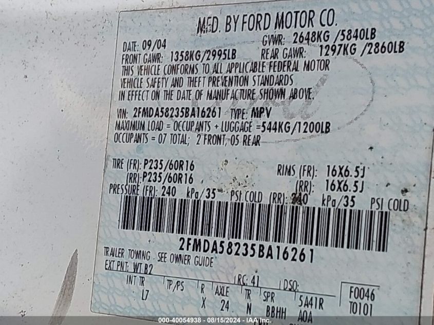 2005 Ford Freestar Limited VIN: 2FMDA58235BA16261 Lot: 40054938