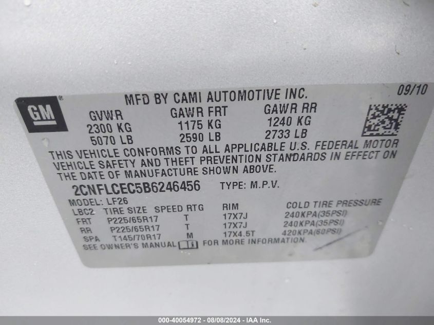 2011 Chevrolet Equinox Ls VIN: 2CNFLCEC5B6246456 Lot: 40054972