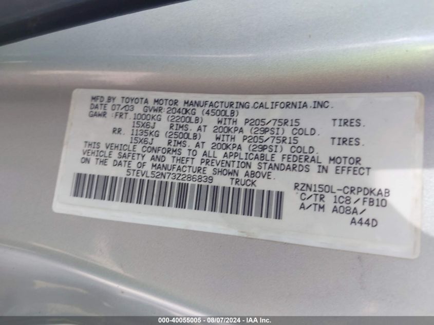 2003 Toyota Tacoma VIN: 5TEVL52N73Z286839 Lot: 40301327