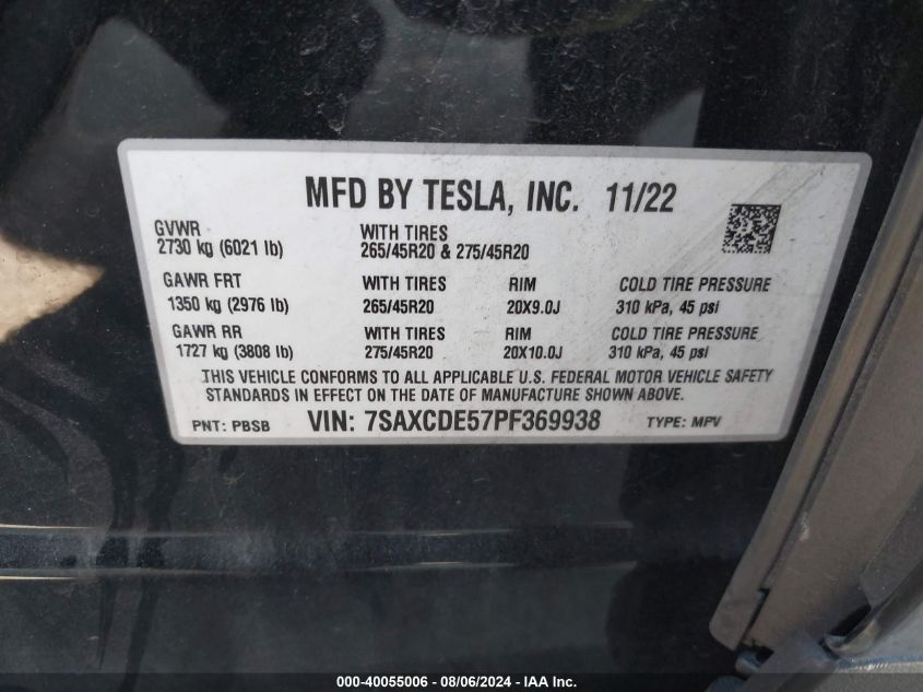 2023 Tesla Model X VIN: 7SAXCDE57PF369938 Lot: 40055006