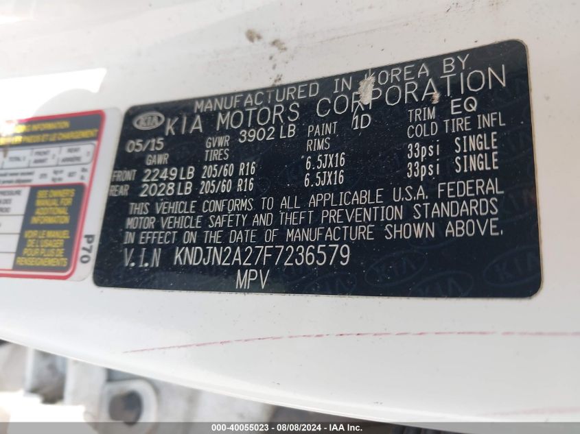 2015 Kia Soul VIN: KNDJN2A27F7236579 Lot: 40055023