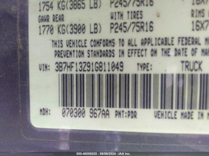 2001 Dodge Ram 1500 St VIN: 3B7HF13Z91G811049 Lot: 40055025