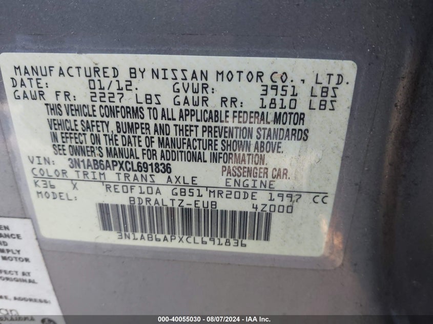 2012 Nissan Sentra 2.0 S VIN: 3N1AB6APXCL691836 Lot: 40055030