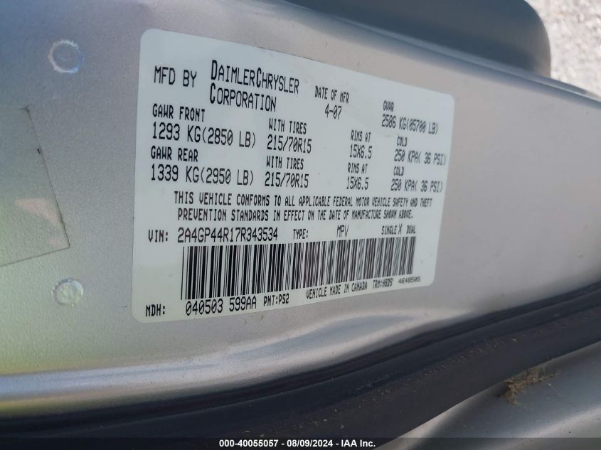 2007 Chrysler Town & Country Lx VIN: 2A4GP44R17R343534 Lot: 40055057