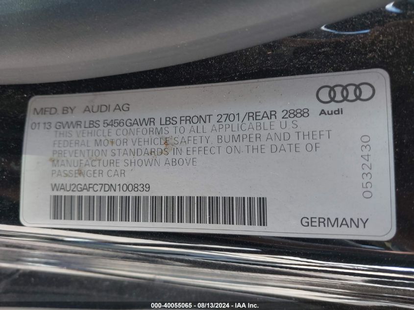 WAU2GAFC7DN100839 2013 Audi A7 3.0T Premium