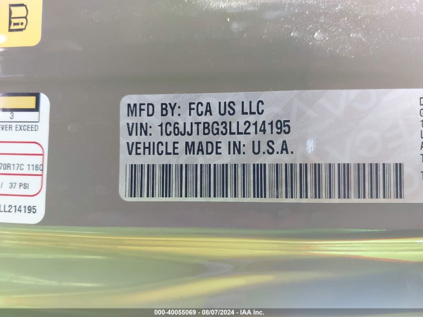 2020 Jeep Gladiator Rubicon 4X4 VIN: 1C6JJTBG3LL214195 Lot: 40055069
