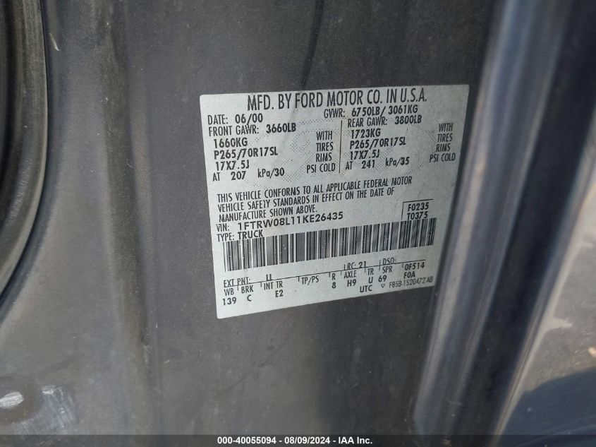 2001 Ford F150 Supercrew VIN: 1FTRW08L11KE26435 Lot: 40055094
