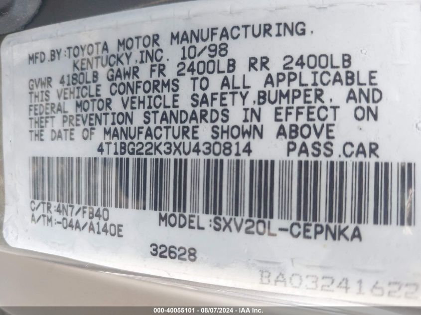 1999 Toyota Camry Ce/Le/Xle VIN: 4T1BG22K3XU430814 Lot: 40055101