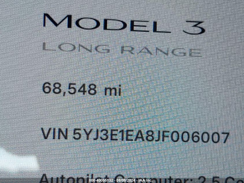 2018 Tesla Model 3 Long Range/Mid Range VIN: 5YJ3E1EA8JF006007 Lot: 40055132