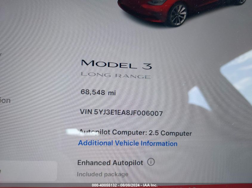 2018 Tesla Model 3 Long Range/Mid Range VIN: 5YJ3E1EA8JF006007 Lot: 40055132