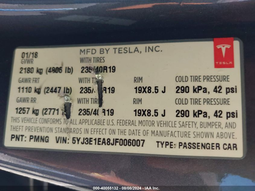 2018 Tesla Model 3 Long Range/Mid Range VIN: 5YJ3E1EA8JF006007 Lot: 40055132