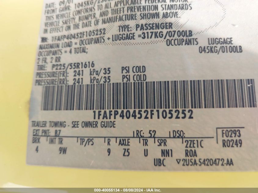 2002 Ford Mustang VIN: 1FAFP40452F105252 Lot: 40055134