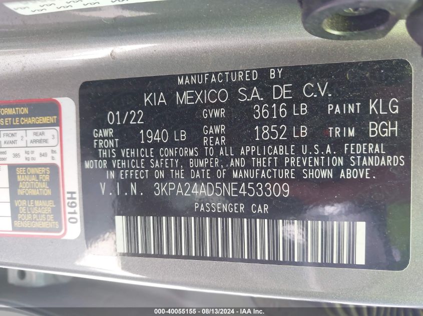 VIN 3KPA24AD5NE453309 2022 KIA RIO LX/S