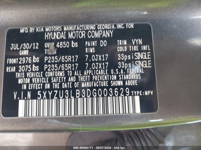 2013 Hyundai Santa Fe Sport VIN: 5XYZU3LB3DG003629 Lot: 40055171
