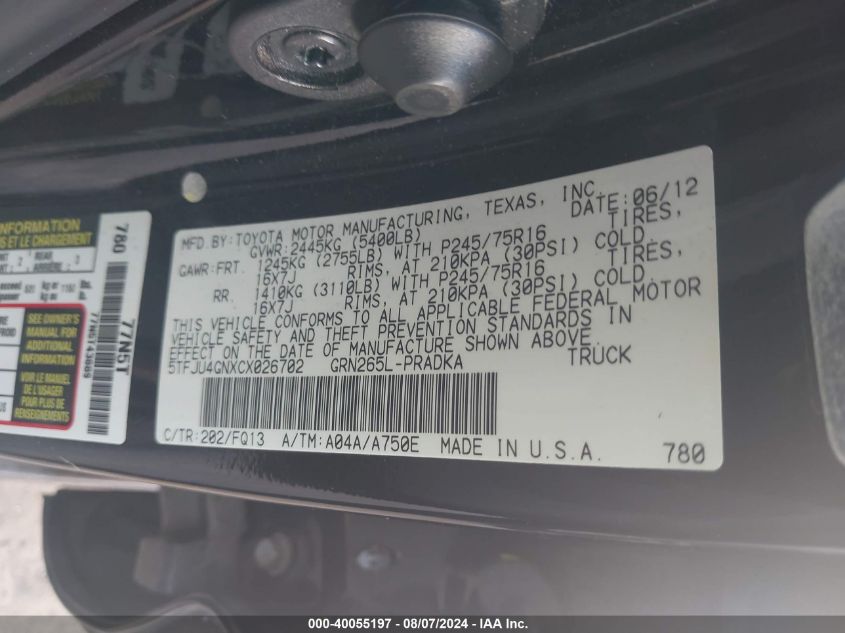 2012 Toyota Tacoma Double Cab Prerunner VIN: 5TFJU4GNXCX026702 Lot: 40055197