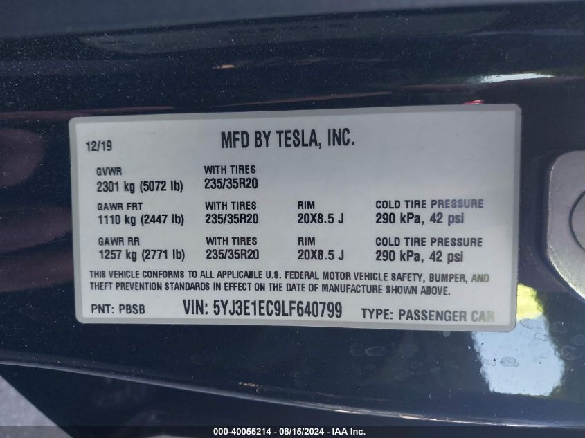 2020 Tesla Model 3 Performance Dual Motor All-Wheel Drive VIN: 5YJ3E1EC9LF640799 Lot: 40055214