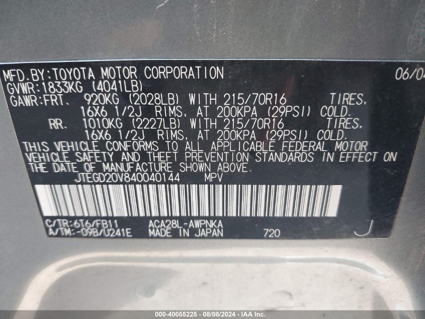 2004 Toyota Rav4 VIN: JTEGD20V840040144 Lot: 40055225