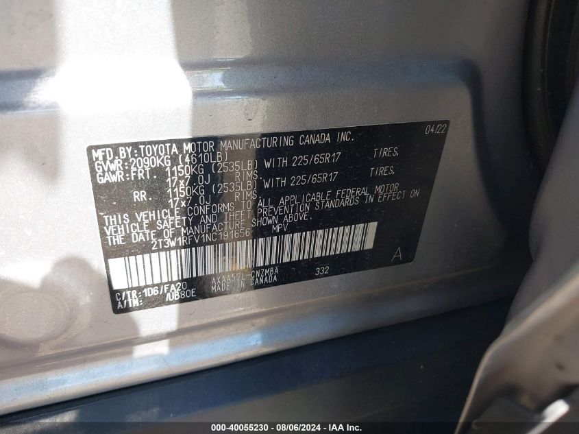 2022 Toyota Rav4 Xle/Xle Premium VIN: 2T3W1RFV1NC191656 Lot: 40055230