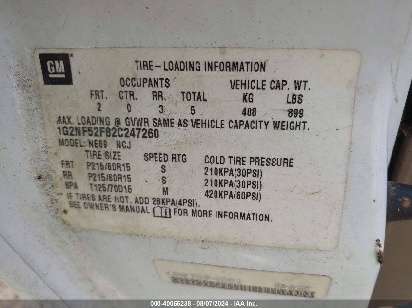 2002 Pontiac Grand Am Se1 VIN: 1G2NF52F82C247260 Lot: 40055238