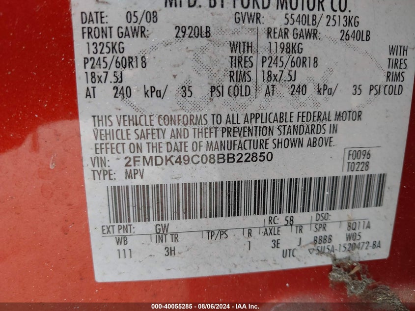 2008 Ford Edge Limited VIN: 2FMDK49C08BB22850 Lot: 40055285