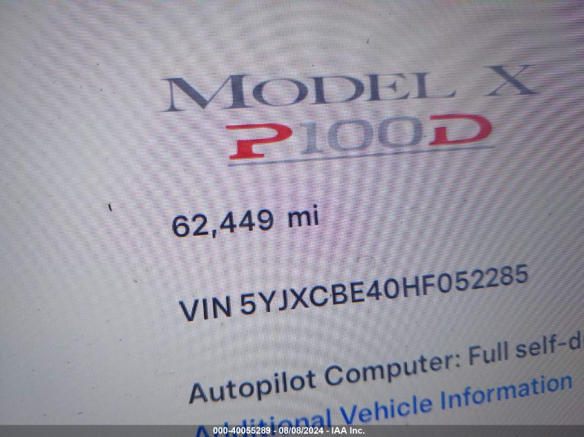 2017 Tesla Model X VIN: 5YJXCBE40HF052285 Lot: 40055289