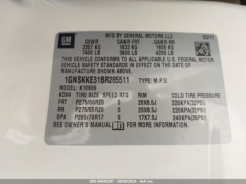2011 Chevrolet Suburban 1500 Ltz VIN: 1GNSKKE31BR285511 Lot: 40055297