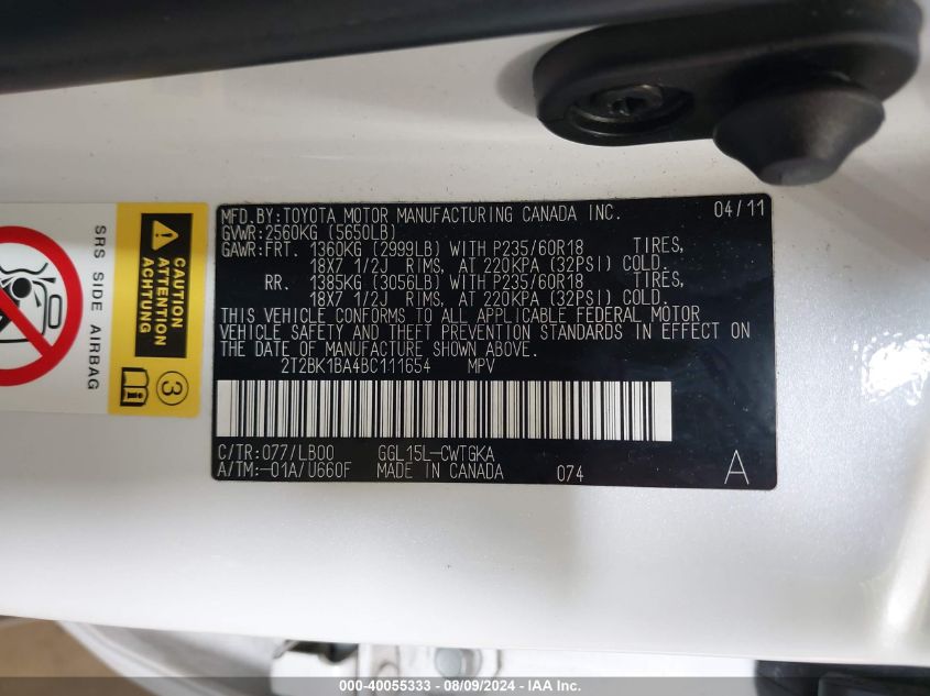 2011 Lexus Rx 350 VIN: 2T2BK1BA4BC111654 Lot: 40055333