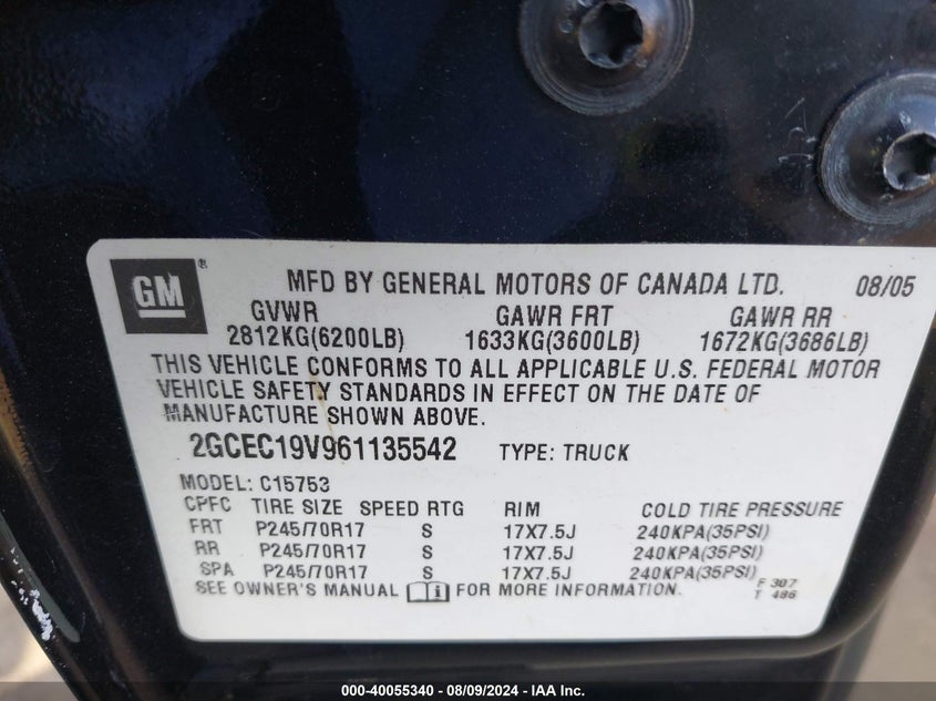 2006 Chevrolet Silverado C1500 VIN: 2GCEC19V961135542 Lot: 40055340