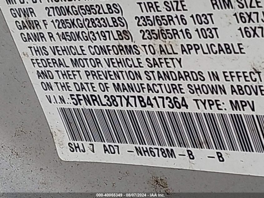 2007 Honda Odyssey Exl VIN: 5FNRL387X7B417364 Lot: 40055349