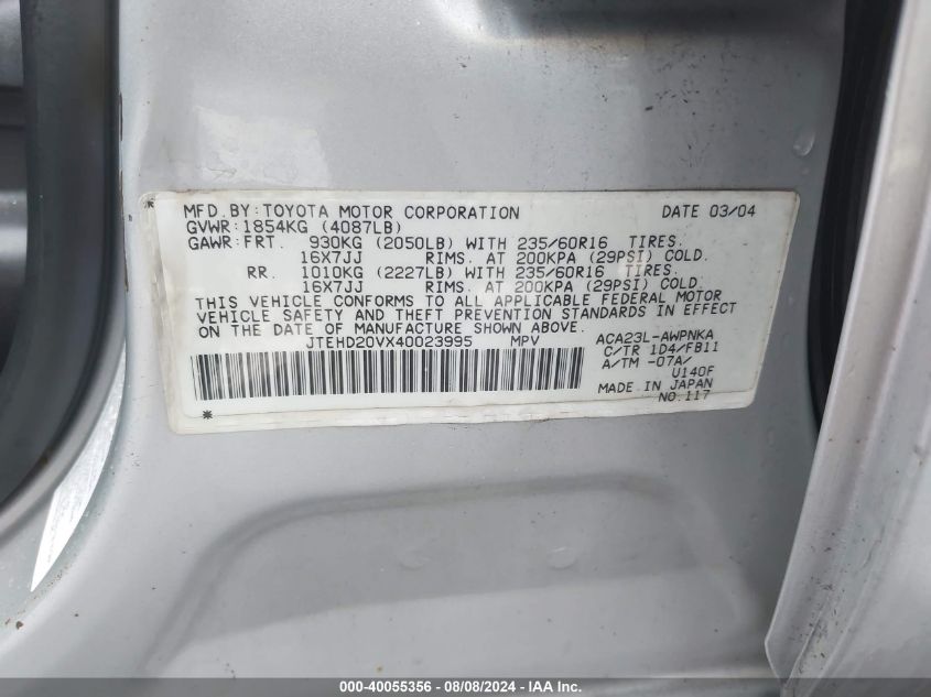 2004 Toyota Rav4 VIN: JTEHD20VX40023995 Lot: 40055356