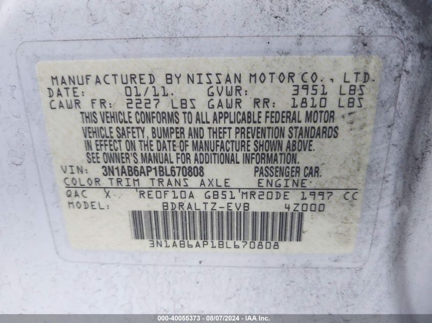 2011 Nissan Sentra 2.0/2.0S/Sr/2.0Sl VIN: 3N1AB6AP1BL670808 Lot: 40055373