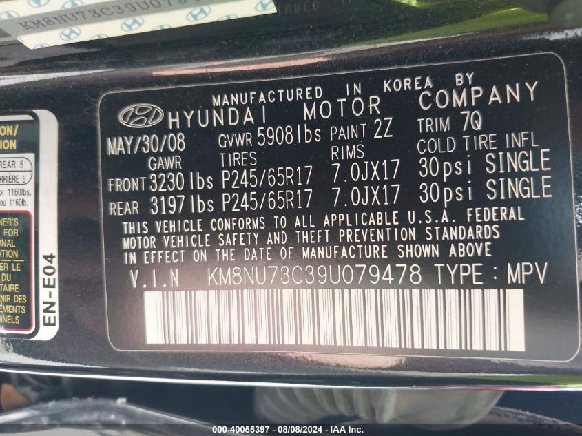 2009 Hyundai Veracruz Gls/Se/Limited VIN: KM8NU73C39U079478 Lot: 40055397