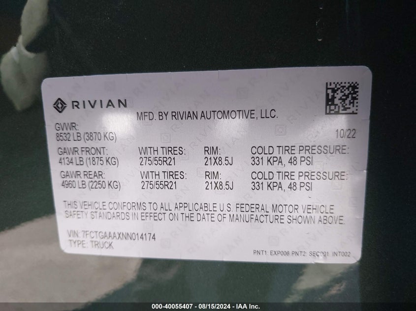 2022 RIVIAN R1T N(VIN: 7FCTGAAAXNN014174
