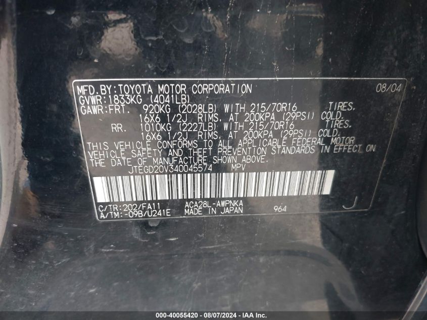 2004 Toyota Rav4 VIN: JTEGD20V340045574 Lot: 40055420