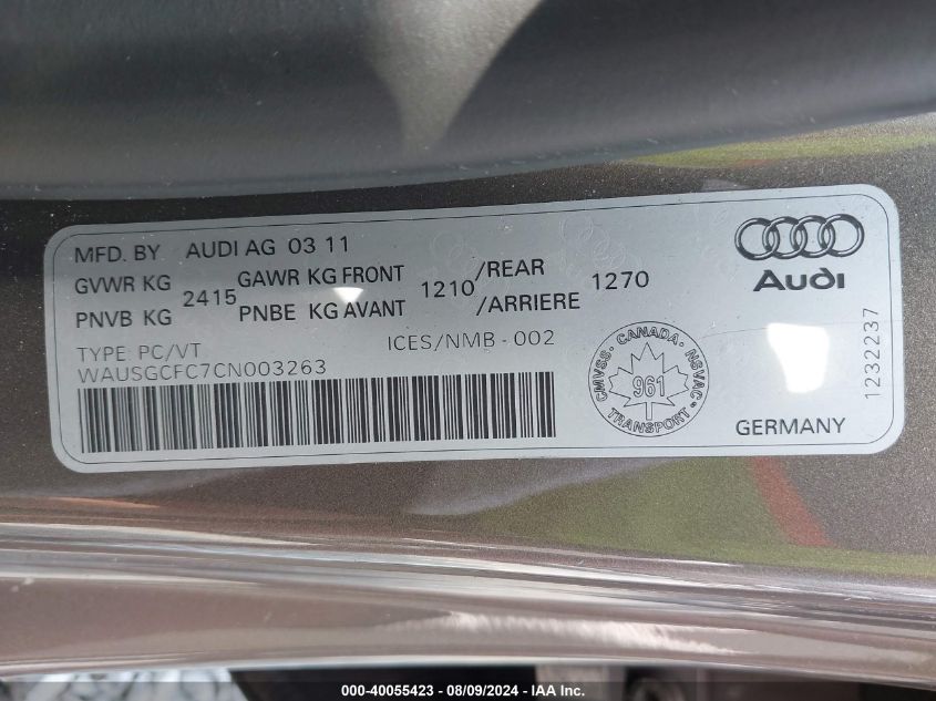 2012 Audi A7 VIN: WAUSGCFC7CN003263 Lot: 40055423