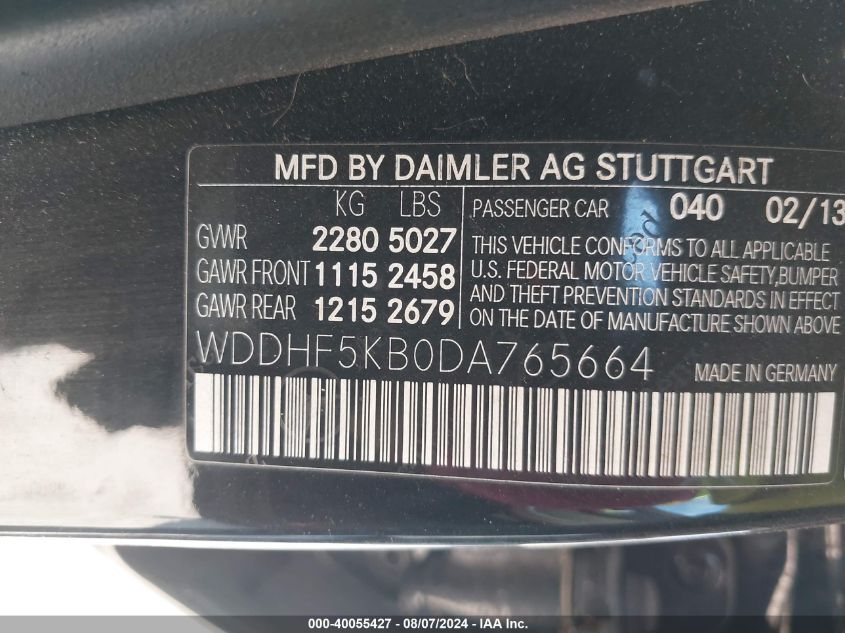 2013 Mercedes-Benz E 350 VIN: WDDHF5KB0DA765664 Lot: 40055427