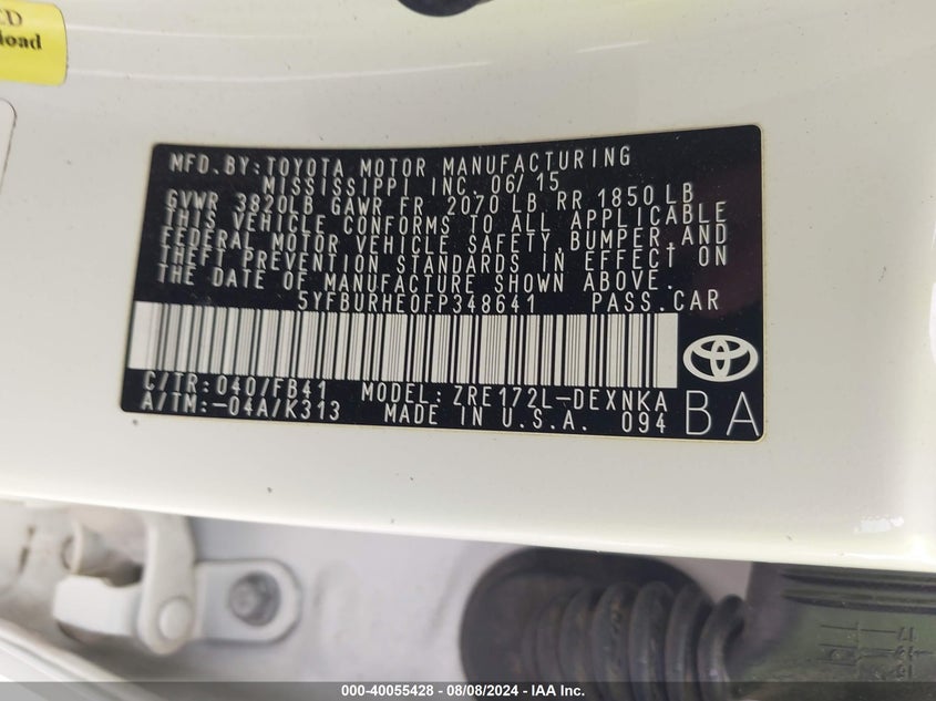 2015 TOYOTA COROLLA VIN: 5YFBURHE0FP348641