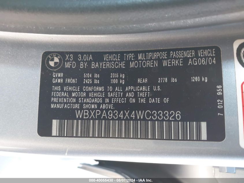2004 BMW X3 3.0I VIN: WBXPA934X4WC33326 Lot: 40055430